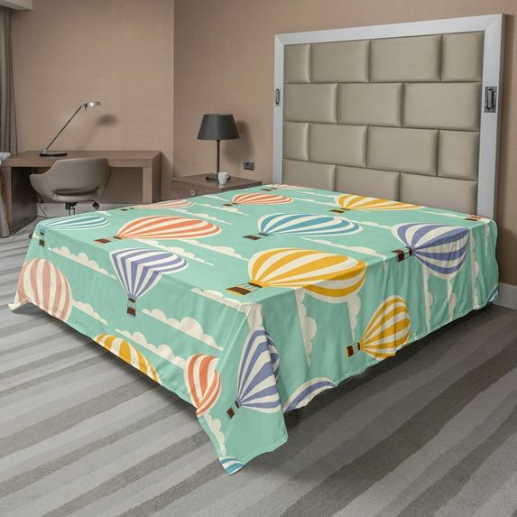 Ambesonne Colorful Flat Sheet, Retro Travel Balloons, King Size, Orange Purple Blue