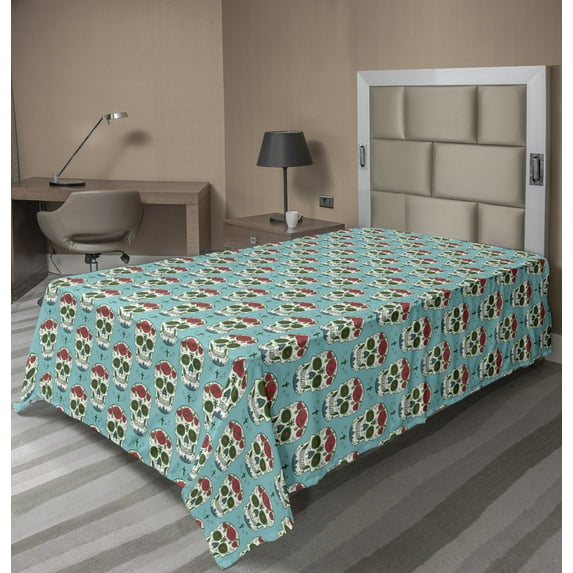 Ambesonne Colorful Flat Sheet, Roses on Skull Pattern, TwinXL Size, Seafoam Green and Ruby