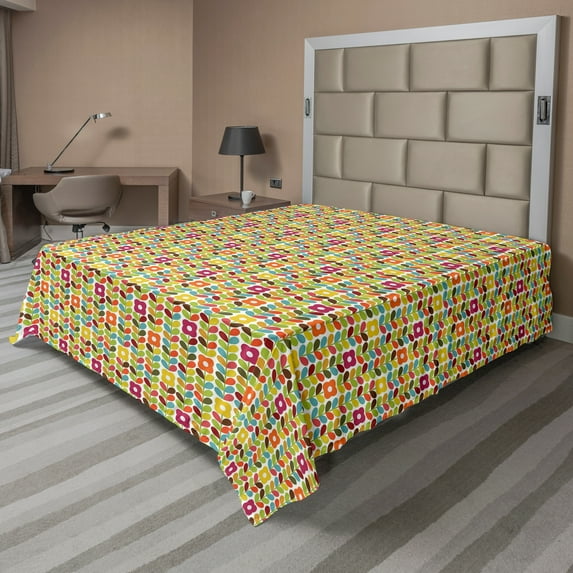 Ambesonne Colorful Flat Sheet, Scandinavian Leaves, King Size, Multicolor