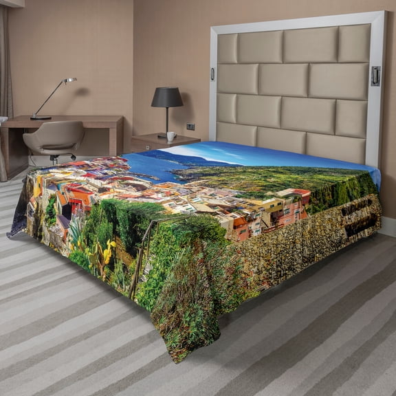 Ambesonne Colorful Flat Sheet, Scenic Vernazza Village, Full Size, Cobalt Blue and Multicolor