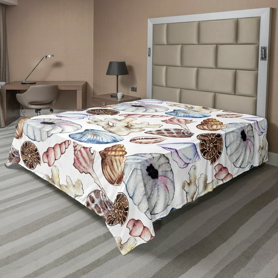 Ambesonne Colorful Flat Sheet, Seashell Coral Reef, Full Size, Multicolor