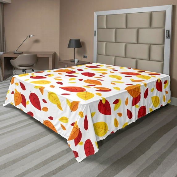 Ambesonne Colorful Flat Sheet, Seasonal Fall Leaves, California King, Red Orange Yellow