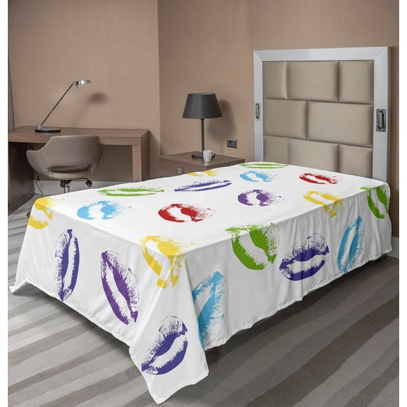 Ambesonne Colorful Flat Sheet, Seductive Lips Kisses Art, TwinXL Size, Multicolor
