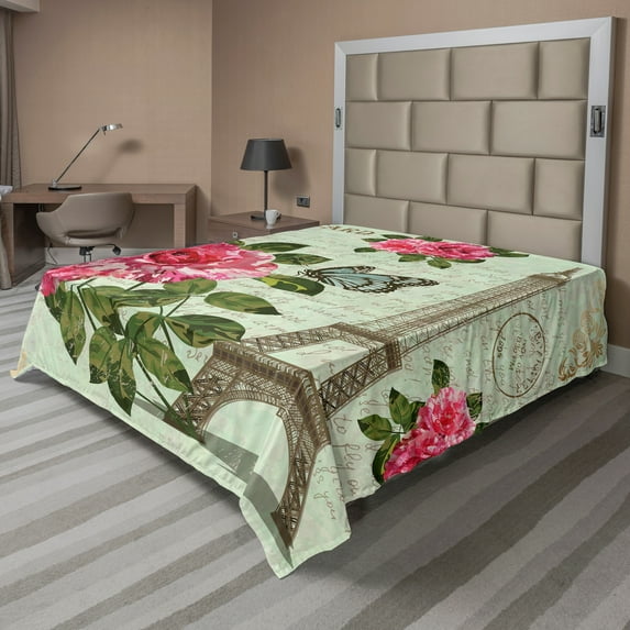 Ambesonne Colorful Flat Sheet, Shabby Plant Roses Leaf, California King, Multicolor