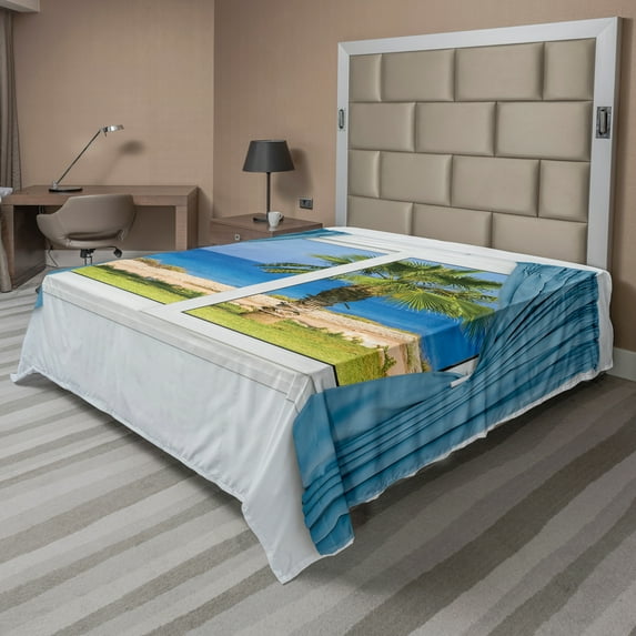 Ambesonne Colorful Flat Sheet, Shore Palm Tree Island, California King, Blue Green
