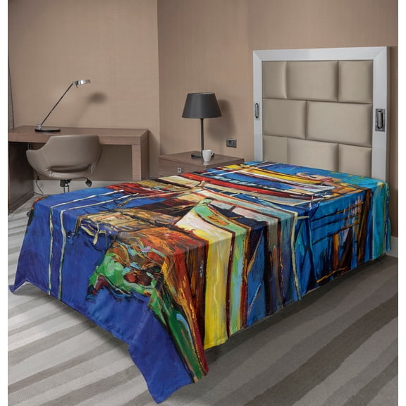 Ambesonne Colorful Flat Sheet, Shore at Warm Sunset, Twin Size, Multicolor