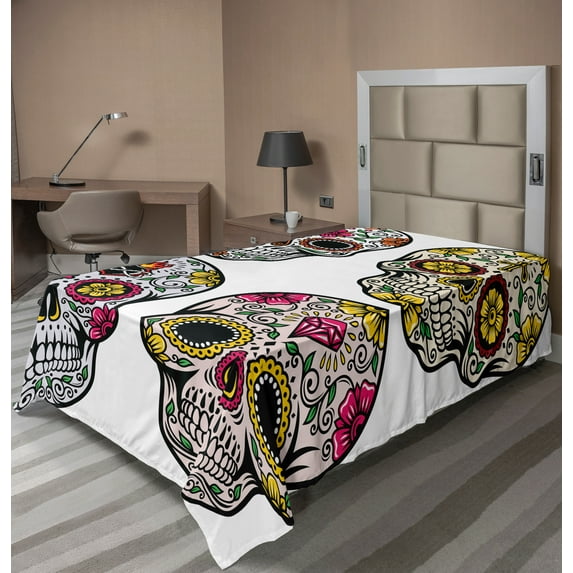 Ambesonne Colorful Flat Sheet, Skull Celebration, Twin Size, Yellow White Black