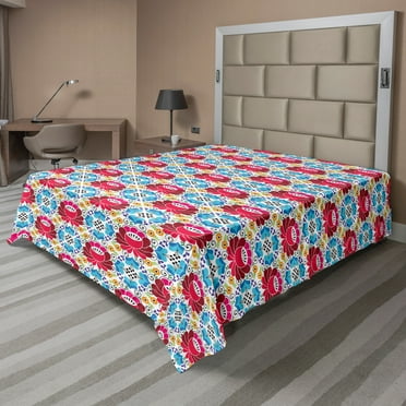 Ambesonne Colorful Flat Sheet, Slavic Russian Folk Floral, King Size, Multicolor