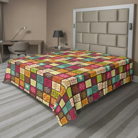 Ambesonne Colorful Flat Sheet, Snowflakes Squares Heart, Queen Size, Multicolor