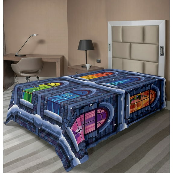 Ambesonne Colorful Flat Sheet, Snowy Winter Night, TwinXL Size, Multicolor
