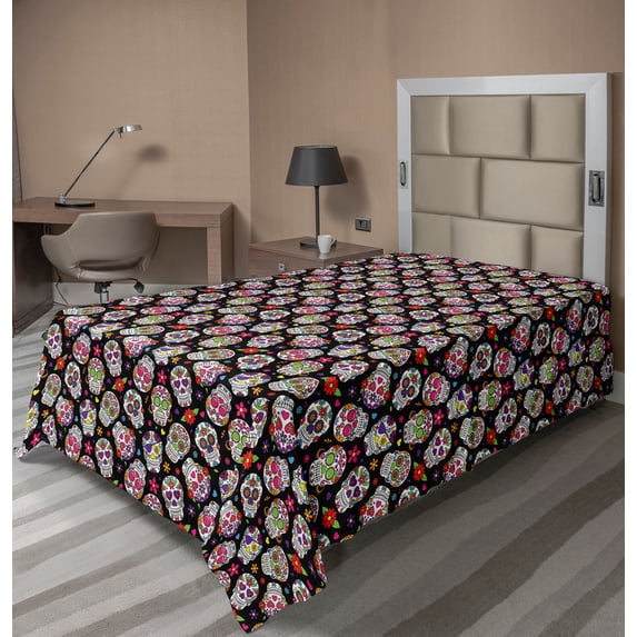Ambesonne Colorful Flat Sheet, Sugar Skulls Flowers, TwinXL Size, Multicolor