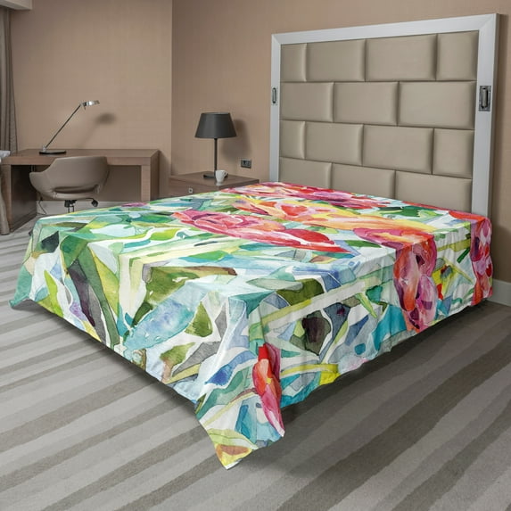 Ambesonne Colorful Flat Sheet, Summer Spring, Queen Size, Multicolor
