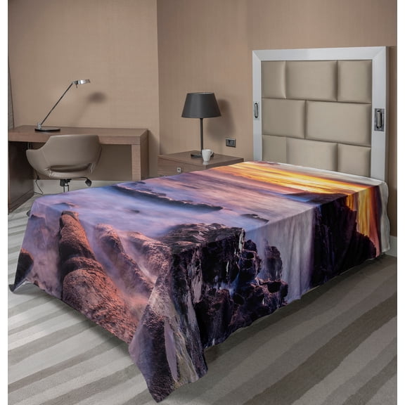 Ambesonne Colorful Flat Sheet, Sunrise Halona Beach, TwinXL Size, Yellow Orange Purple