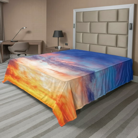 Ambesonne Colorful Flat Sheet, Sunset Cloudscape Sky, Queen Size, Orange Blue