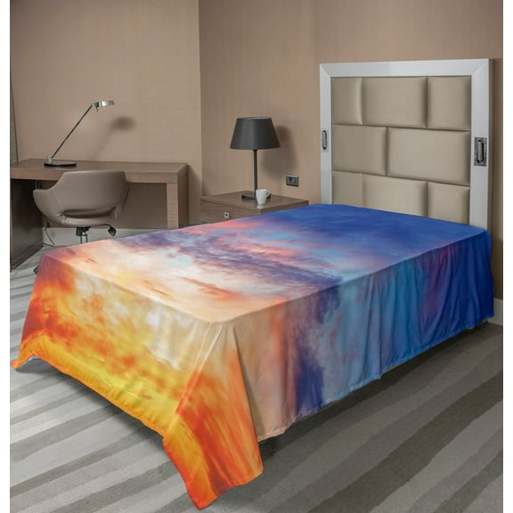 Ambesonne Colorful Flat Sheet, Sunset Cloudscape Sky, TwinXL Size, Orange Blue