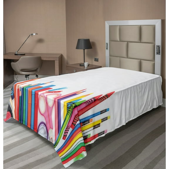 Ambesonne Colorful Flat Sheet, Supplies Image Art, Twin Size, White and Multicolor