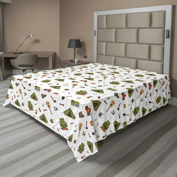 Ambesonne Colorful Flat Sheet, Tent Campfire Backpack, Queen Size, Multicolor