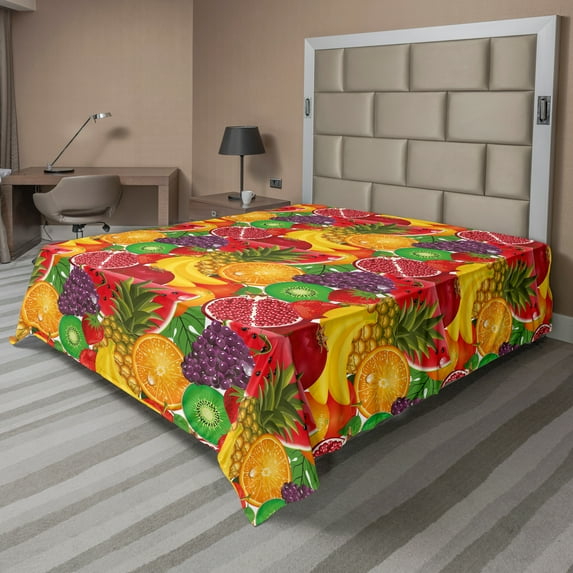 Ambesonne Colorful Flat Sheet, Tropical Fresh Fruits, Queen Size, Multicolor