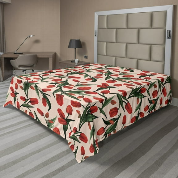 Ambesonne Colorful Flat Sheet, Tulips and Leaves Image, King Size, Pale Peach and Multicolor