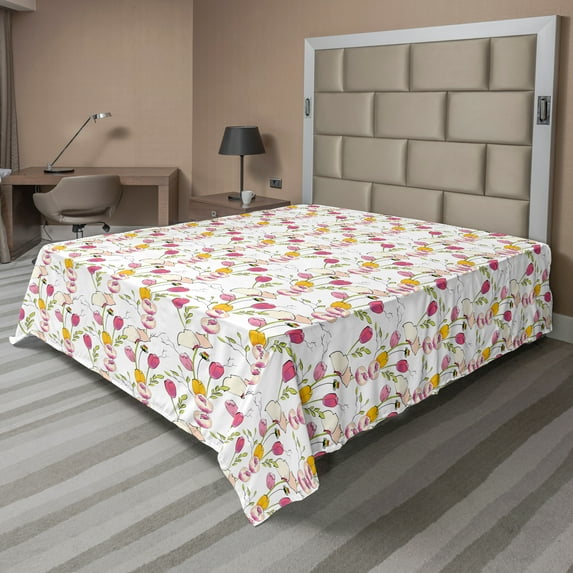 Ambesonne Colorful Flat Sheet, Tulips and Poppies, California King, Multicolor
