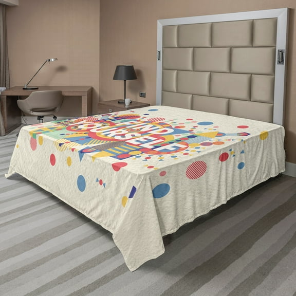 Ambesonne Colorful Flat Sheet, Typographical Poster, Full Size, Yellow Blue and Red