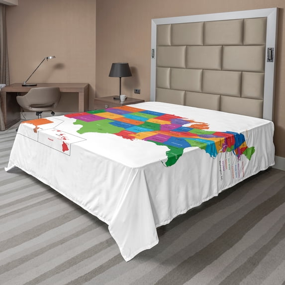 Ambesonne Colorful Flat Sheet, USA Map with States, Full Size, Multicolor