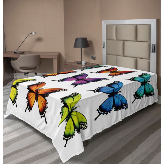 Ambesonne Colorful Flat Sheet, Varieties of Butterflies, TwinXL Size, White and Multicolor