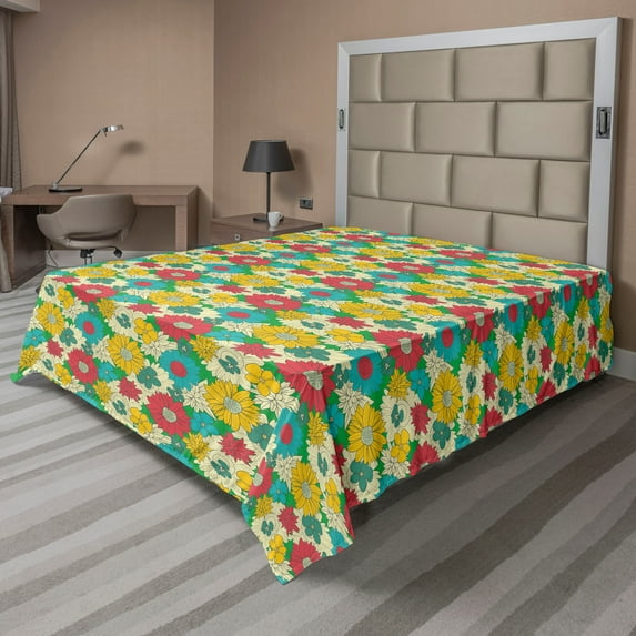 Ambesonne Colorful Flat Sheet, Vintage Flowers Art, Queen Size, Multicolor