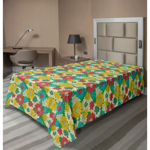 Ambesonne Colorful Flat Sheet, Vintage Flowers Art, Twin Size, Multicolor