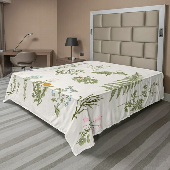 Ambesonne Colorful Flat Sheet, Vintage Herbs and Flowers, California King, Pale Eggshell Multicolor