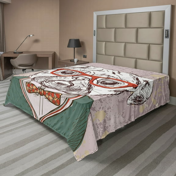 Ambesonne Colorful Flat Sheet, Vintage Hipster Pugs, California King, Multicolor