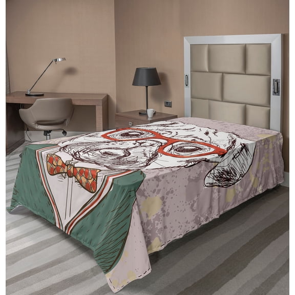 Ambesonne Colorful Flat Sheet, Vintage Hipster Pugs, TwinXL Size, Multicolor