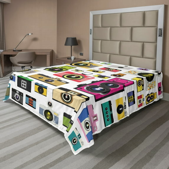 Ambesonne Colorful Flat Sheet, Vintage Old Cameras, Full Size, Multicolor