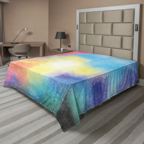 Ambesonne Colorful Flat Sheet, Watercolor Star Galaxy, King Size, Multicolor