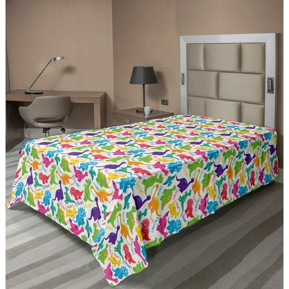 Ambesonne Colorful Flat Sheet, Wild Dinosaur Cartoon, Twin Size, Multicolor