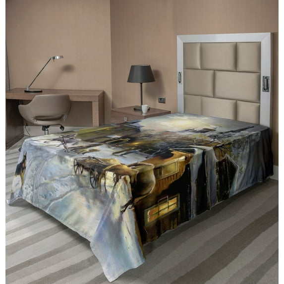 Ambesonne Colorful Flat Sheet, Winter Rural Landscape, Twin Size, Multicolor