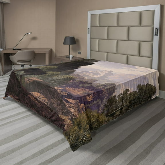 Ambesonne Colorful Flat Sheet, Wolf in Woods Scenery, Full Size, Brown Army Green Rose