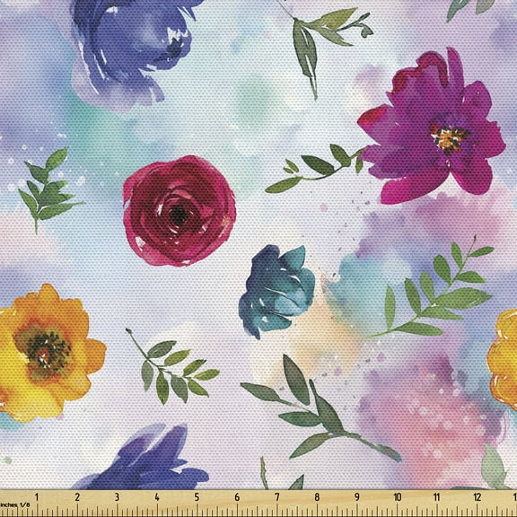 Ambesonne Colorful Flowers Fabric by the Yard Upholstery, Watercolor Spring, 3 Yards, Multicolor