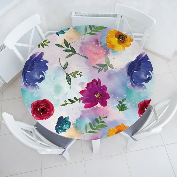 Ambesonne Colorful Flowers Fitted Round Tablecloth, Watercolor Spring, 40"- 44" Diameter, Multicolor