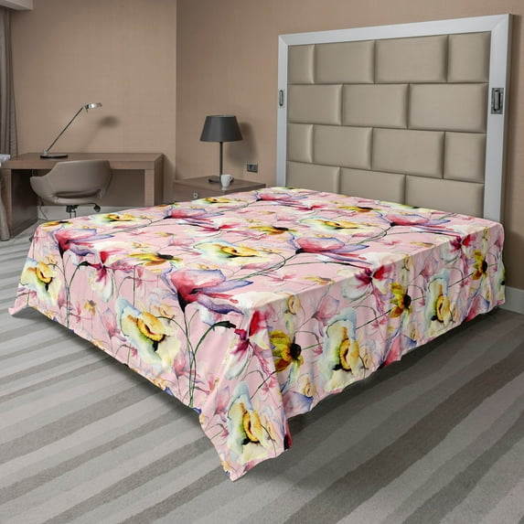 Ambesonne Colorful Flowers Flat Bedding Sheet Soft Top Sheet, Innocent Floral, Full, Rose and Multicolor