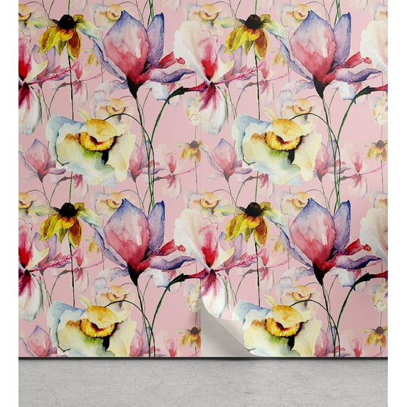 Ambesonne Colorful Flowers Peel & Stick Wallpaper for Home, Innocent Floral, 13"x100", Rose and Multicolor