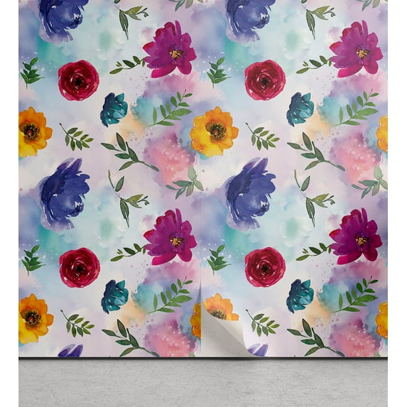 Ambesonne Colorful Flowers Peel & Stick Wallpaper for Home, Watercolor Spring, 13"x36", Multicolor