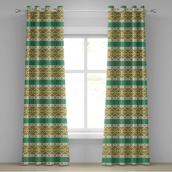 Ambesonne Colorful Grommet Curtain, Ethnic Geometric Shapes, 50" x 108", Pistachio Green Orange