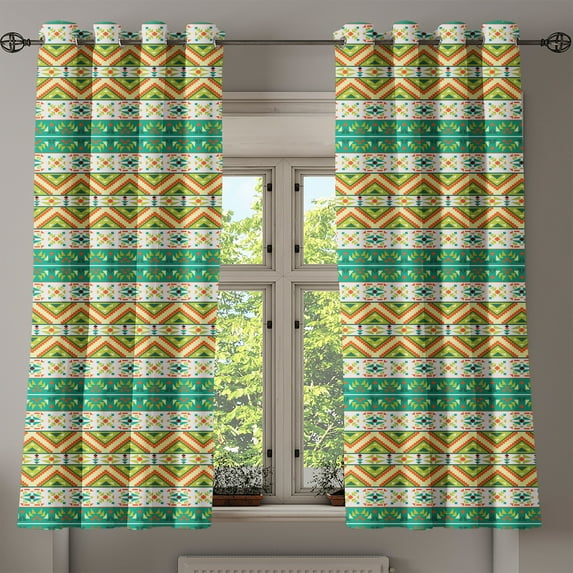 Ambesonne Colorful Grommet Curtain, Ethnic Geometric Shapes, 50" x 63", Pistachio Green Orange