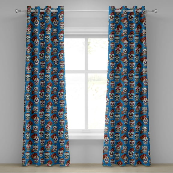 Ambesonne Colorful Grommet Curtain, Floral Roses Skulls, 50" x 72", Blue Red Ivory