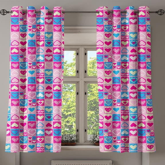 Ambesonne Colorful Grommet Curtain, Hearts in Square Shape, 50" x 54", Blue Ivory Pink