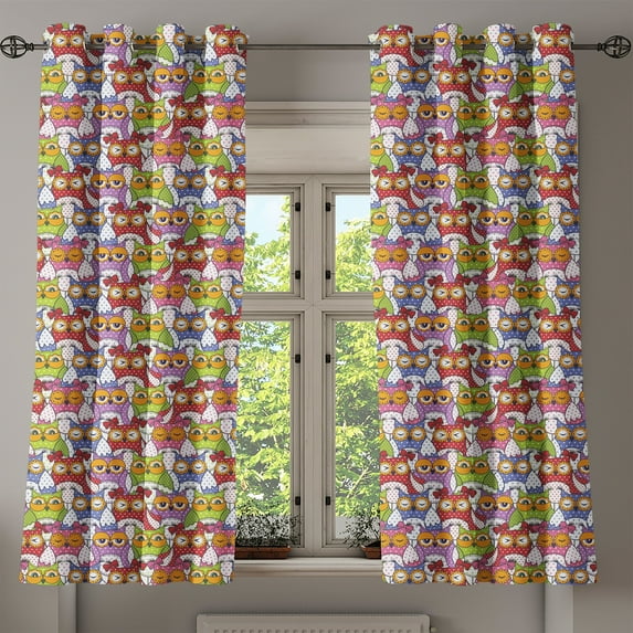 Ambesonne Colorful Grommet Curtain, Ornate Owl Polka Dots, 50" x 54", Multicolor