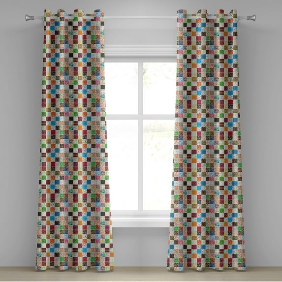 Ambesonne Colorful Grommet Curtain, Patchwork Retro Style, 50" x 108", Multicolor