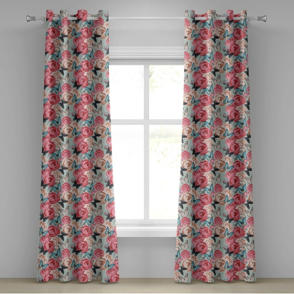 Ambesonne Colorful Grommet Curtain, Peony Rose Butterflies, 50" x 96", Multicolor
