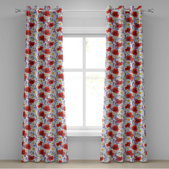 Ambesonne Colorful Grommet Curtain, Poppy and Daisy Flower, 50" x 72", Lavender Scarlet